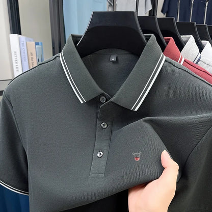 Summer men's exquisite embroidered short-sleeved POLO shirt 100% cotton breathable striped lapel daily business casual T-shirt