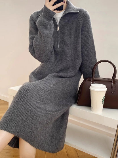 Thickened Long Sleeve Knitted Dress Zipper Collar Women's Autumn Winter Retro Long High Collar Sweater Dress Straight Tube Ba...