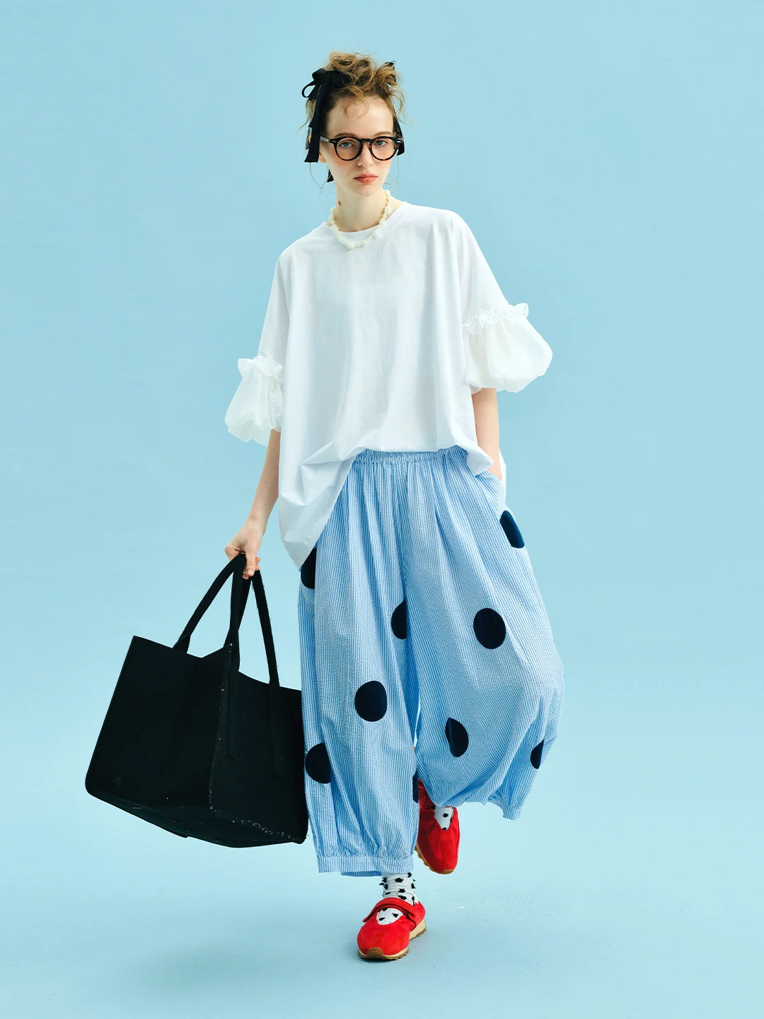 Sky blue pants 2025 imakokoni summer Japanese pure cotton foam yarn blue and white striped polka dot thigh pants 255045