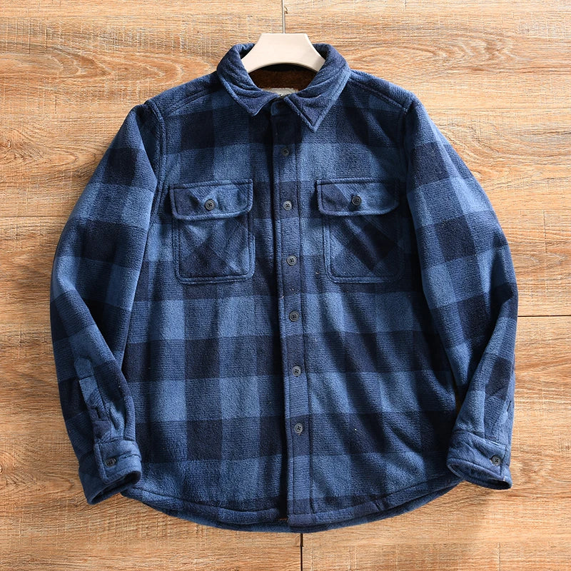 Double-Sided Fleece Plaid Shirt Jacket Thickened Casual Men's Winter Outerwear American Style Standard Fit Long Sleeve Button...