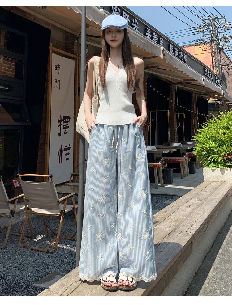 Vintage Blue Striped Embroidered Wide-leg Pants Women's Summer 2026 High-waisted Lace Stitching Casual Straight Trousers Popular