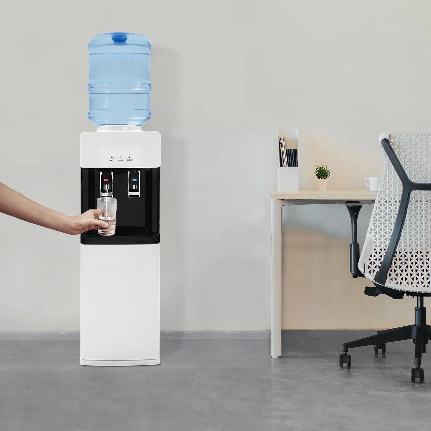 Top Loading Hot Cold Water Dispenser Floor Standing Freestanding White Modern Rectangular PP Stainless Steel Body US Plug 110V 60Hz High Efficiency Heating Cooling 19L Large Bottle Supported Stable Water Temperature Easy To U