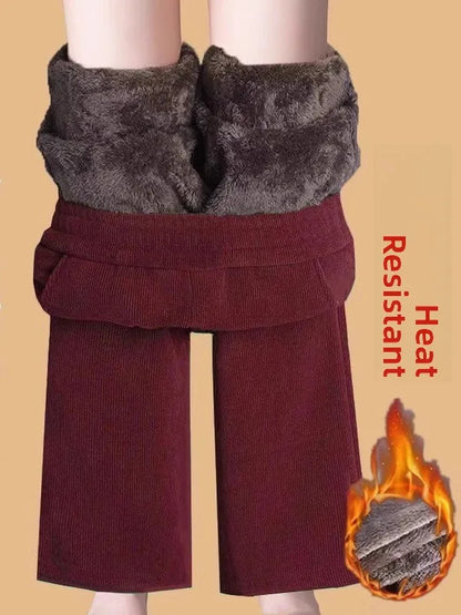 Thickened Fleece Lined Corduroy Straight Leg Casual Pants Women's High Waist Elastic Waist Warm Trousers Autumn Winter New Style