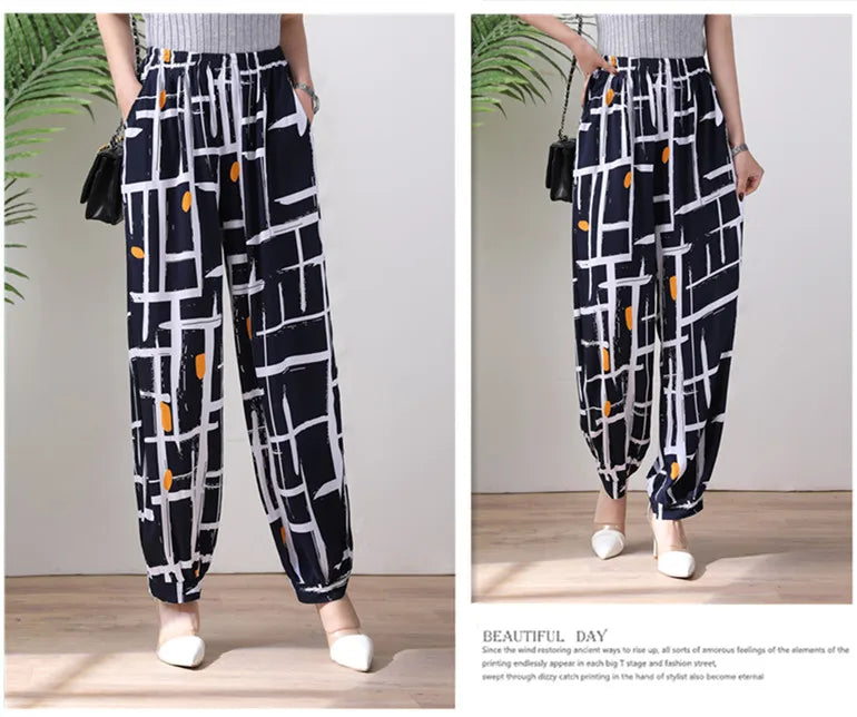 High Waist Lantern Pants Casual Cotton Silk Large Size Printed Long Trousers for Middle-Aged And Elderly Women