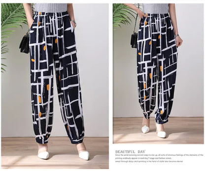 High Waist Lantern Pants Casual Cotton Silk Large Size Printed Long Trousers for Middle-Aged And Elderly Women