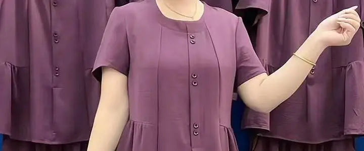 Summer 2026 Fashionable Mommy Set Women's Loose Belly Covering Slimming Two-Piece Suit High-End  Color Casual Wear