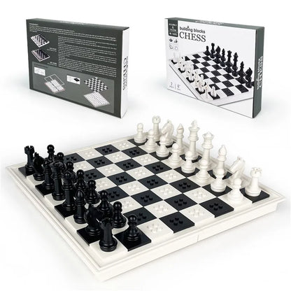 White Chess Set, Premium Folding Building Blocks with Storage Box, Black and White Design,Tabletop Game Toy For Children