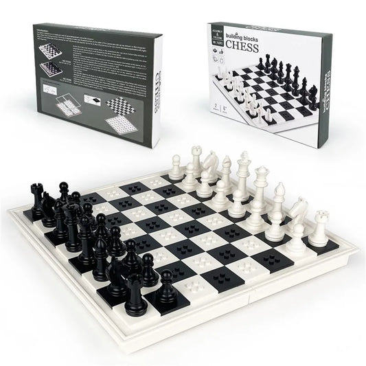 White Chess Set, Premium Folding Building Blocks with Storage Box, Black and White Design,Tabletop Game Toy For Children