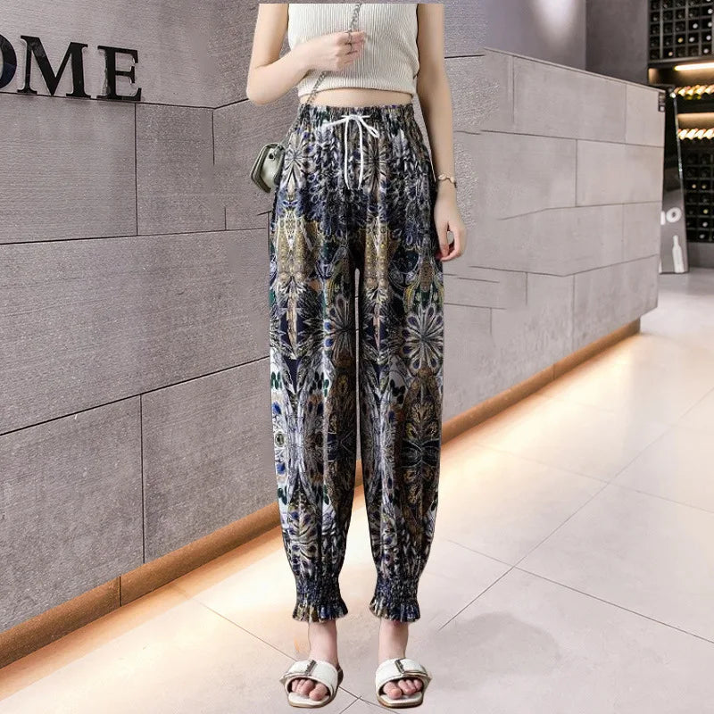 Summer Casual Loose Wide Leg Pants Women's Tie Dye Ink Ice Silk Loose Leopard Print Ethnic Style Long Pants Casual Trousers