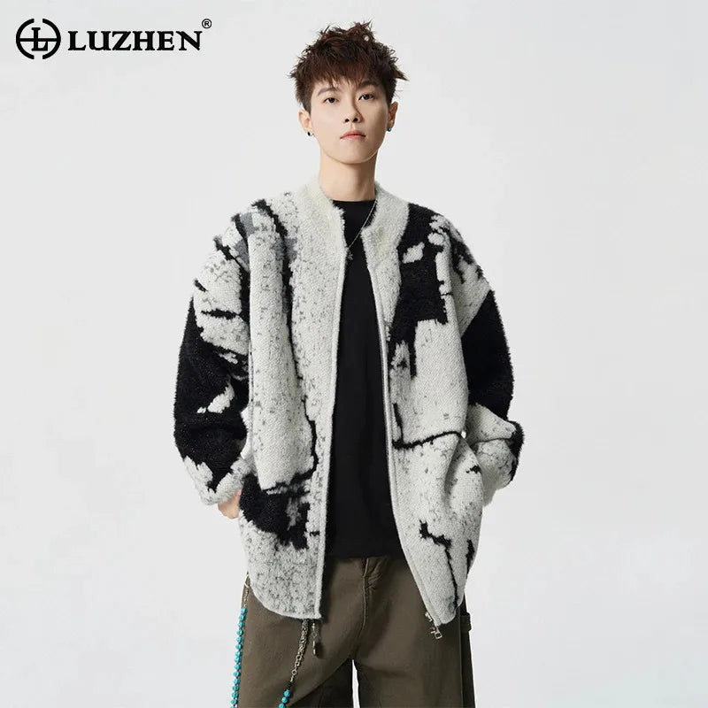 LUZHEN 2025 Winter New Original Color Contrast Ink Printed Knitted Cardigan Men Fashion Round Neck Handsome Male Sweater JY5391
