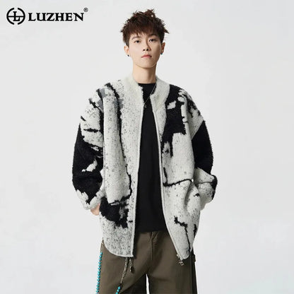 LUZHEN 2025 Winter New Original Color Contrast Ink Printed Knitted Cardigan Men Fashion Round Neck Handsome Male Sweater JY5391