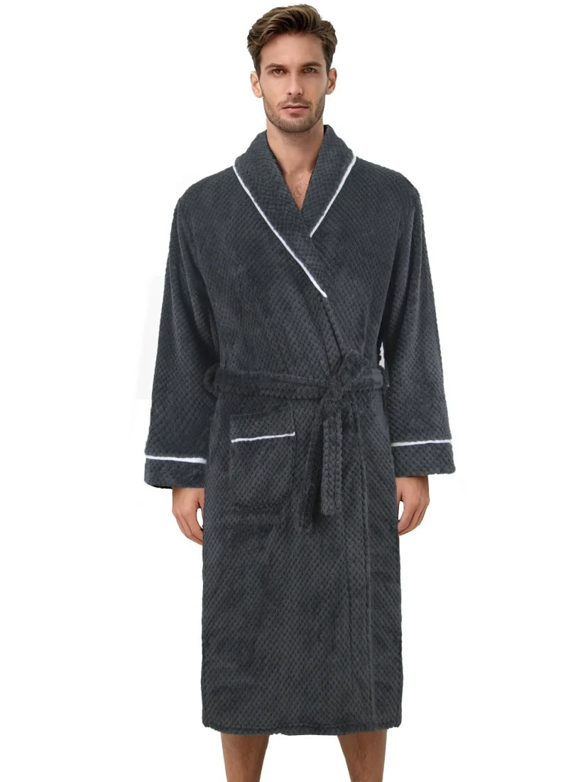 Men Coral Fleece Bathrobe Ultra Soft Jacquard Plush Long Sleeve White Trim with Pockets for Winter Home Luxury Warm Loungewear C