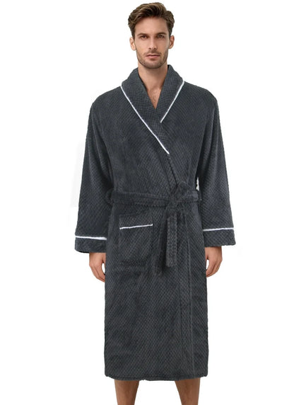Men Coral Fleece Bathrobe Ultra Soft Jacquard Plush Long Sleeve White Trim with Pockets for Winter Home Luxury Warm Loungewear C