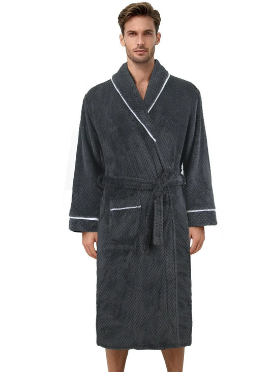 Men Coral Fleece Bathrobe Ultra Soft Jacquard Plush Long Sleeve White Trim with Pockets for Winter Home Luxury Warm Loungewear C
