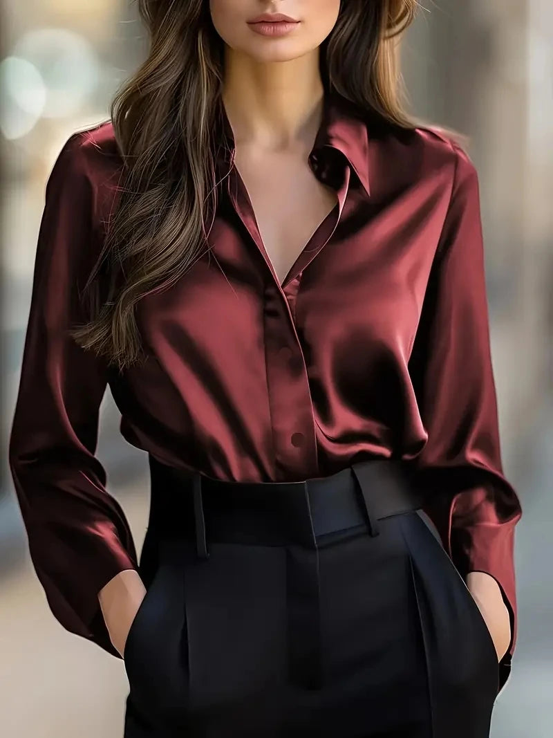Elegant Black Satin Long Sleeve Blouse for Women  Button-Up Collar Shirt Perfect for Casual or Professional Wear