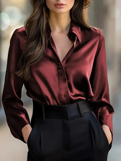 Elegant Black Satin Long Sleeve Blouse for Women  Button-Up Collar Shirt Perfect for Casual or Professional Wear