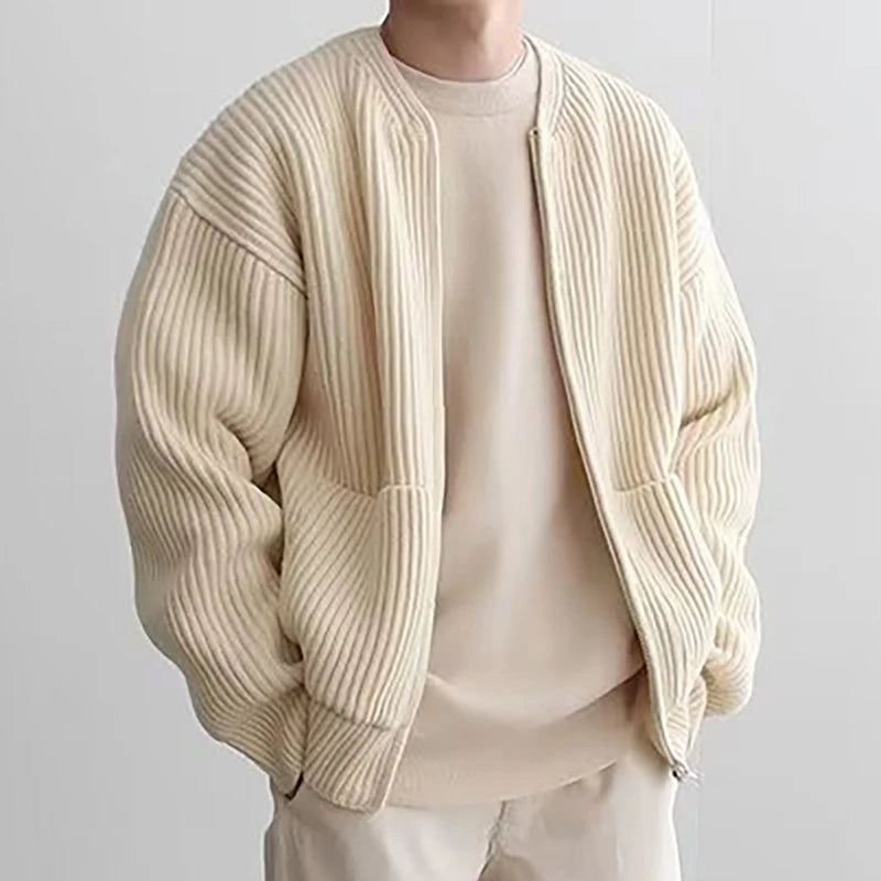 Men's Solid Color Zipper Cardigan Sweater Winter New Multiple Pockets Knit Sweater Coats Casual Stand Collar Cardigan Outerwear