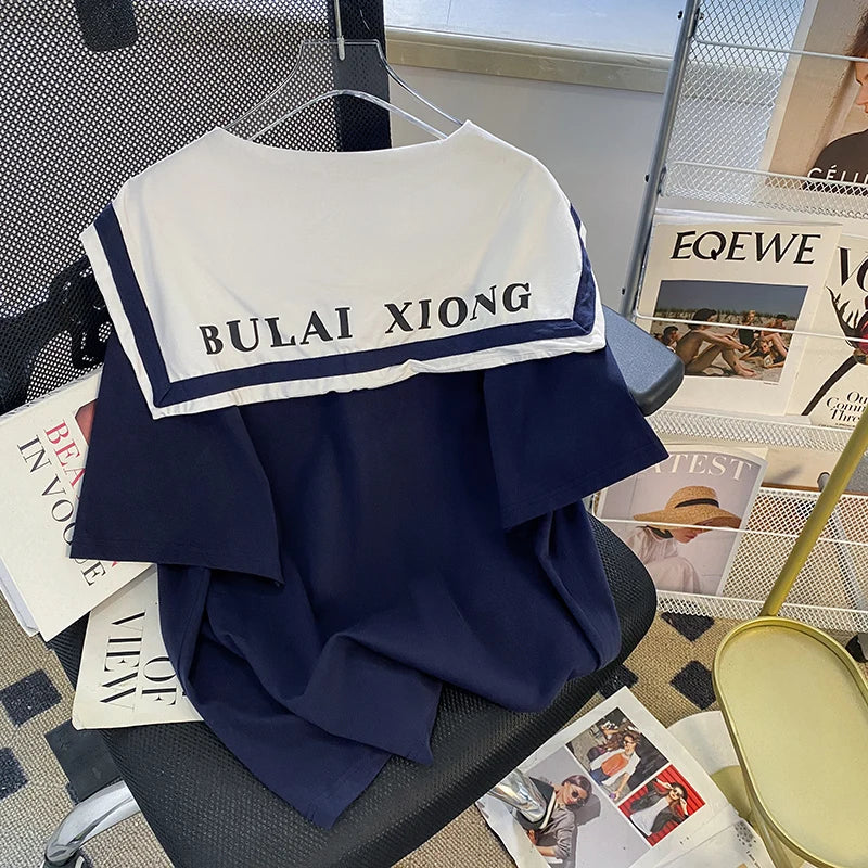 Extra Large Size 300 Pounds Navy Collar Short Sleeve Women's T-Shirt Premium Feel Loose Fit Cotton Summer Top