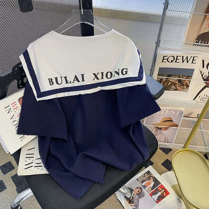 Extra Large Size 300 Pounds Navy Collar Short Sleeve Women's T-Shirt Premium Feel Loose Fit Cotton Summer Top