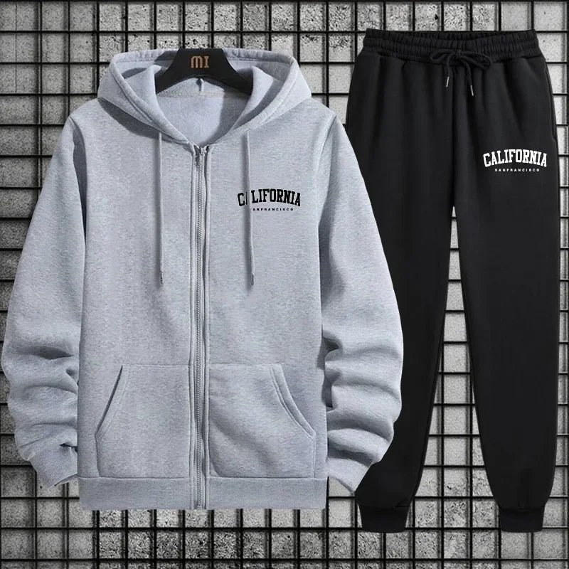 Autumn Winter Sportswear California Mens Sporty Tracksuit Set 2026 New 2 Pieces Zipper Hoodie Sweatpants Urban Streetwear Outfit
