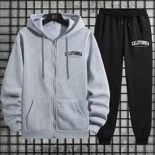 Autumn Winter Sportswear California Mens Sporty Tracksuit Set 2026 New 2 Pieces Zipper Hoodie Sweatpants Urban Streetwear Outfit