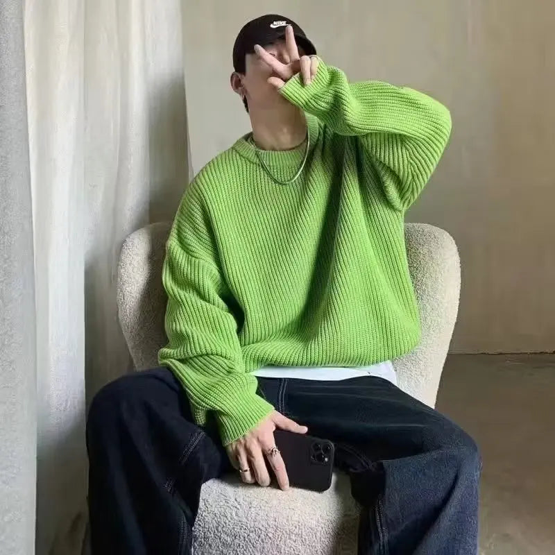 Autumn and winter loose shoulder sweater for young men Japanese retro pineapple needle jacquard lazy round neck knit sweater
