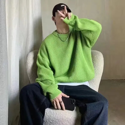 Autumn and winter loose shoulder sweater for young men Japanese retro pineapple needle jacquard lazy round neck knit sweater