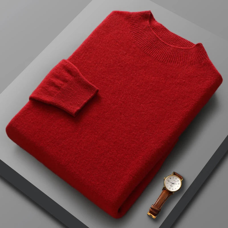 100% Merino Wool Sweater Men's Half high collar Knitted Hoodie Spring Autumn New Cashmere Sweater Versatile  Menswear