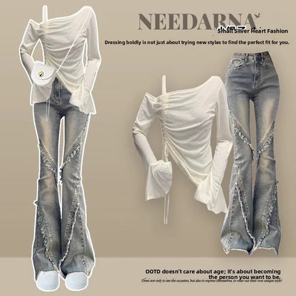 Spicy Girl Autumn Korean Style Slimming Bell Sleeve Top And Jeans Set Women's Fashion Slim Fit Long Sleeve round Neck Suit