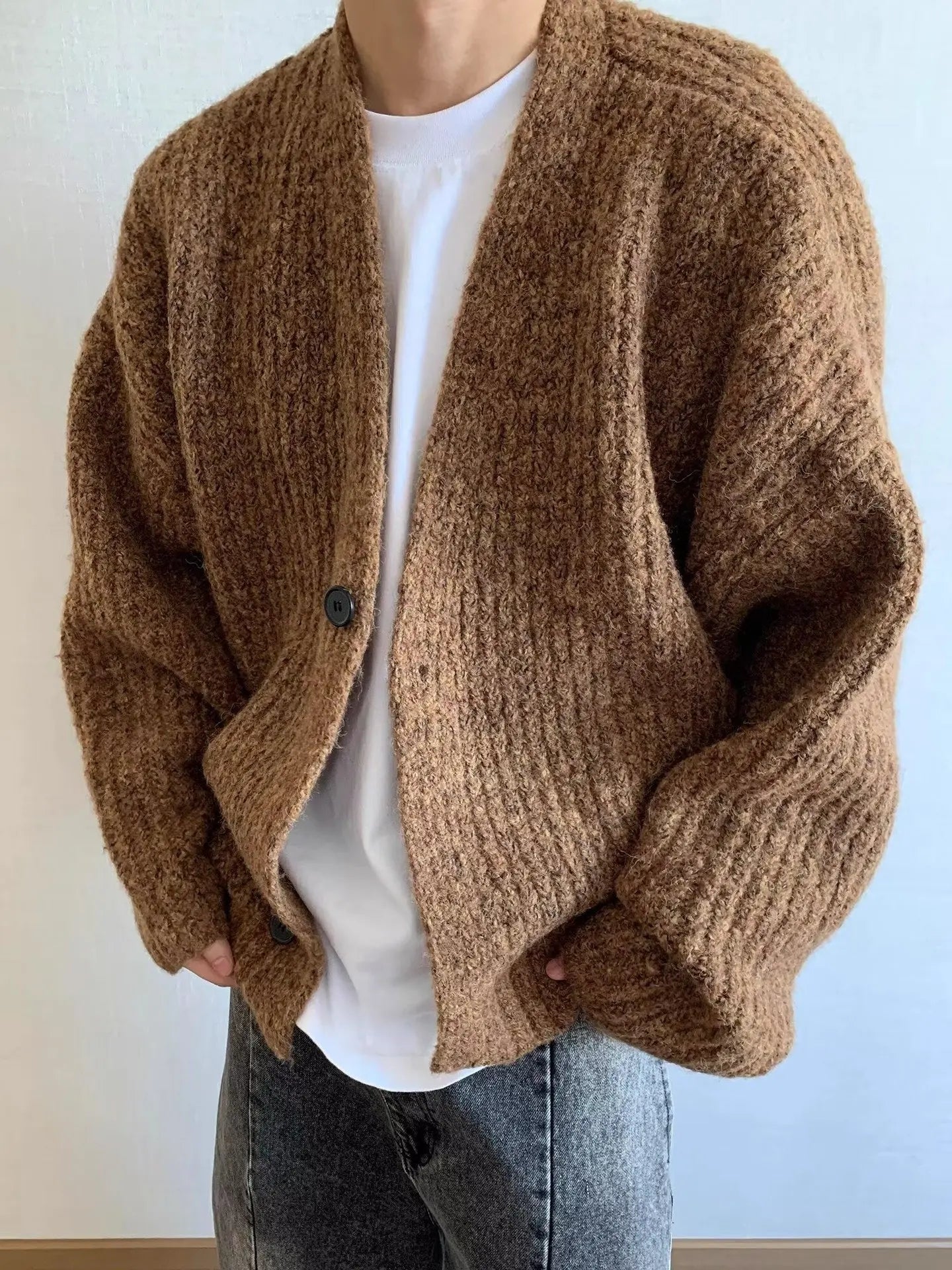 Fashion Autumn Winter Retro Loose Heavy-Weight Mixed-Color Short Wide Thick Thread Knitted Sweaters Cardigans Warm Jackets Men's