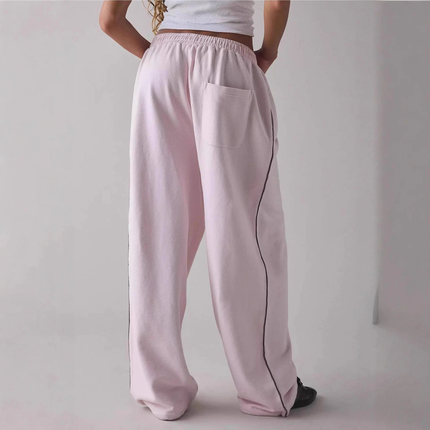 Loose Comfortable Straight Leg Pants Elastic Waist Casual Trousers Mid-Low Waist PVC Fabric Ladies Spring Season Fashion