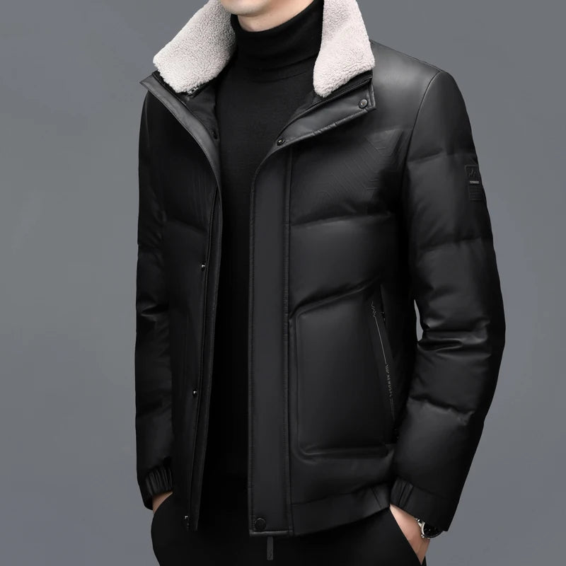 YX-6502 Men's Genuine Leather Down Jacket Winter New Sheepskin Stand Up Collar Leather Jacket Casual Thick Warm Jacket Trend