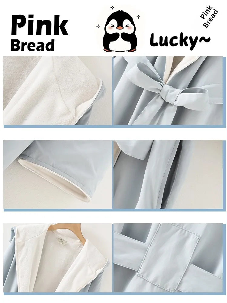 PinkBread Coral Fleece Thickened Warm Hooded Couples Sleep Robe Men's Bathrobe Luxury Home Clothes Winter Season Polyester Fiber