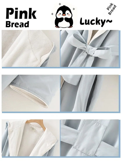 PinkBread Coral Fleece Thickened Warm Hooded Couples Sleep Robe Men's Bathrobe Luxury Home Clothes Winter Season Polyester Fiber