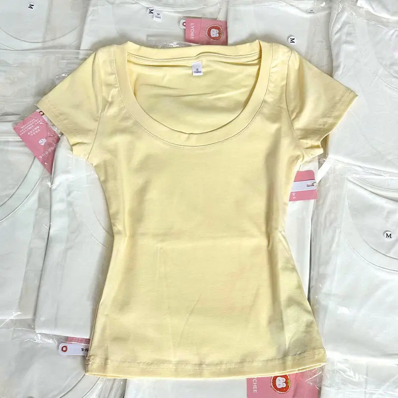 American Retro Shoulder U-neck  Color Short Sleeve T-shirt Women Summer Slimming Waist Pure Desire Short Hot Girl Top