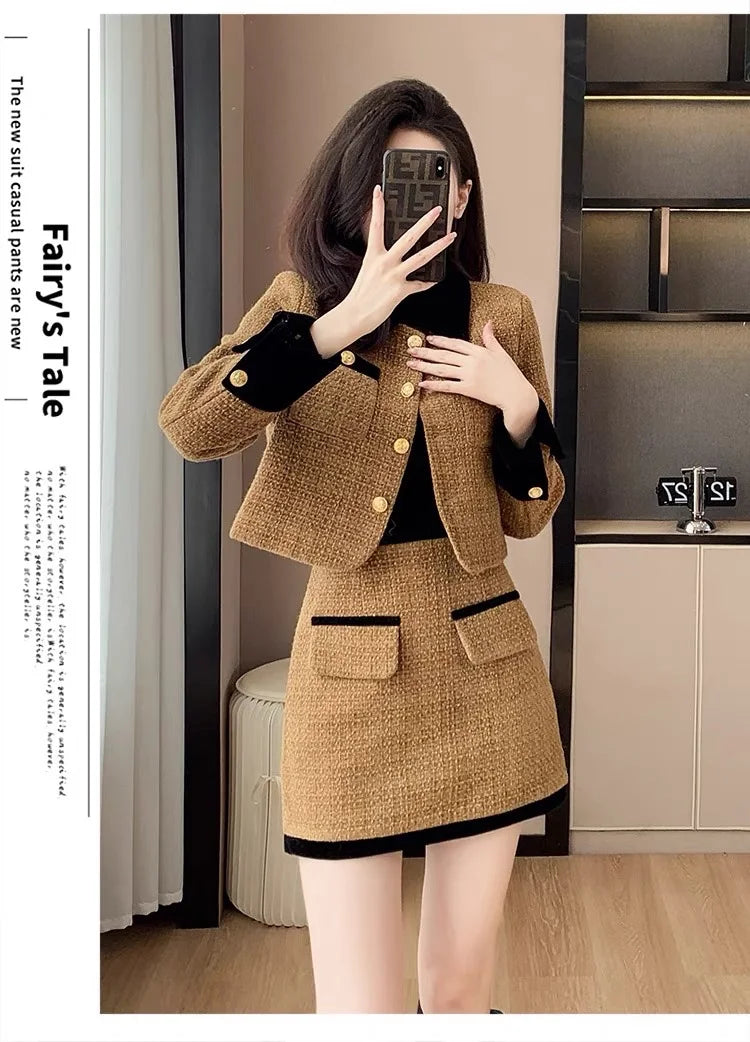 High-End  Style Women's Outerwear Set Autumn Winter New Design High Waist  Skirt Two-Piece Suit Fashionable And Warm