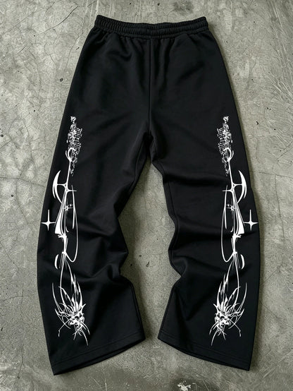 Y2K Dark Punk Abstract Gothic Cross Star Print Mens Baggy Wide Leg Sweat Pants Loose Straight Drawstring Hip Hop Street Joggers