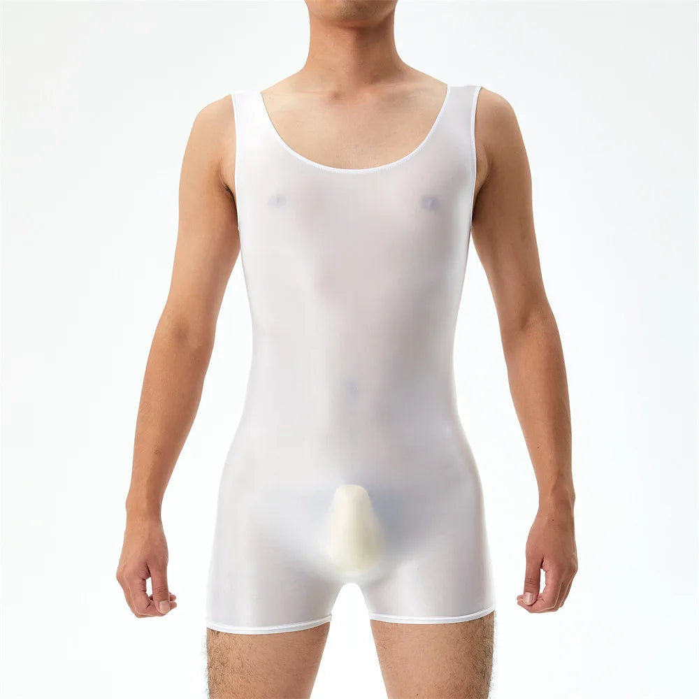 Oil Shiny Glossy Bodysuits Seamless Front Pouch Tights Body Man Sexy Transparent Waist Shapers Men Playsuit Sleeveless Bodysuit