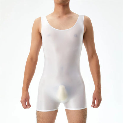 Oil Shiny Glossy Bodysuits Seamless Front Pouch Tights Body Man Sexy Transparent Waist Shapers Men Playsuit Sleeveless Bodysuit
