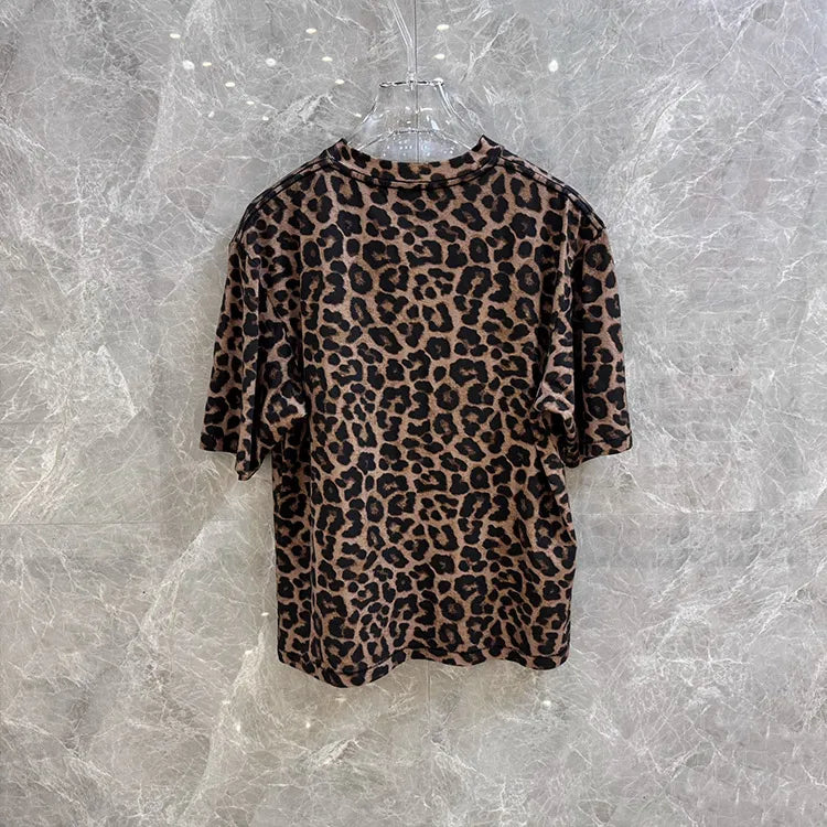 High-End Women's Retro Leopard Print round Neck Loose Short Sleeve T-Shirt 2025 New Style Commute Style Casual Inner Wear