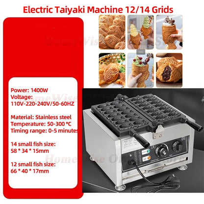 HomeWise Taiyaki Maker 1400W Fish Shaped Waffle Machine 12PCS/14PCS Taiyaki Waffle Maker Non-stick Coating Electric/GAS