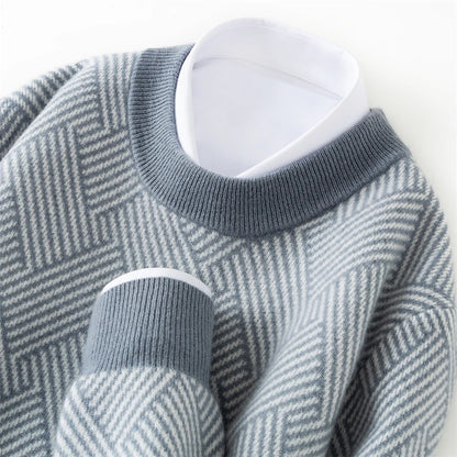 Autumn and winter new thick 100% pure cashmere men's round neck jacquard loose color matching leisure sweater cashmere sweater