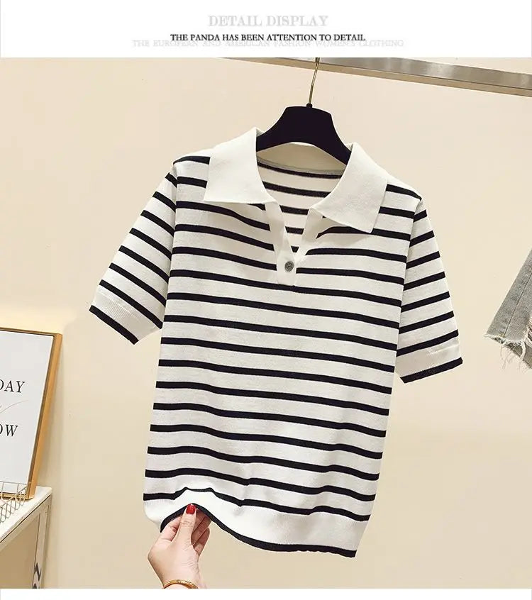 Loose Fit Ice Silk Knitted Short Sleeve T-Shirt Women's Summer Button up Top Slimming Striped  Neck Design plus Size