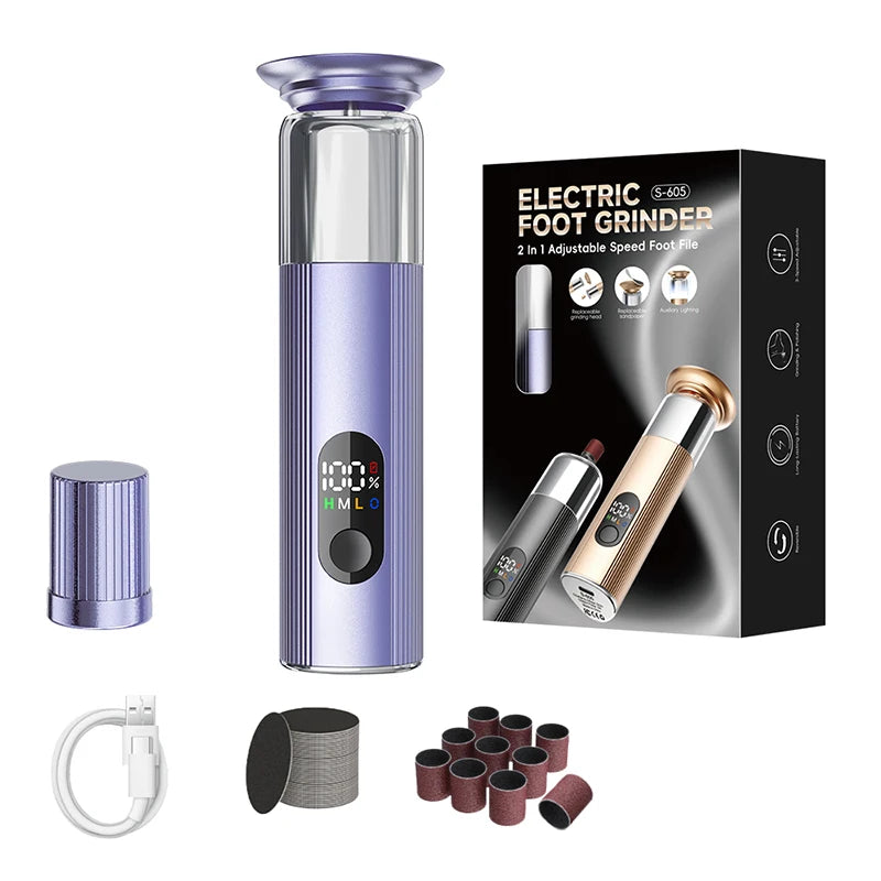 2-in-1 Electric Foot Grinder & Nail Grinder with 60 Sanding Discs Anti-Slip Striped Grip Aluminum Alloy Electric Callus Remover