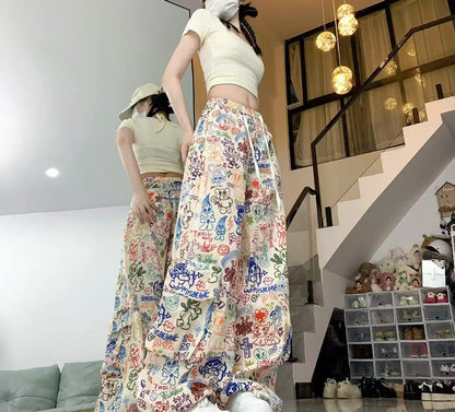 Y2K Cartoon Graffiti Wide Leg Pants - Colorful Print Drawstring High Waist Loose Streetwear Trousers for Women