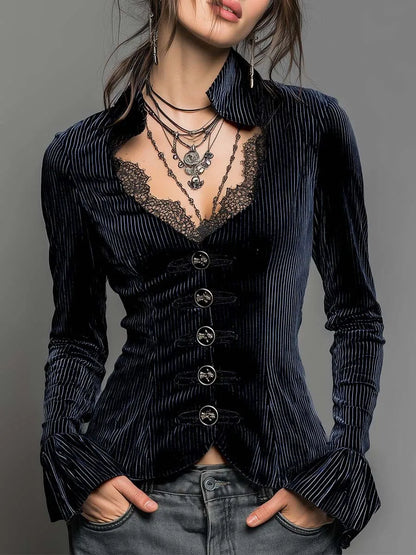 Women's Gothic Elegant Striped Blouse Lace Trim Sexy V Neck Long Bell Sleeve Button Front Shirt Vintage Punk Party Tops 2025