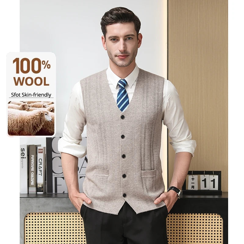 High End 100% Wool New Autum Winter Fashion Brand Knit Cardigan Slim Fit Sweater Vest V-neck Sleeveless Casual Mens Clothing