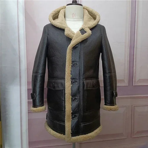 YOLANFAIRY Original Natural Leather Fur Coat Men Long Hooded Sheepskin Real Fur Coat Genuine Leather Jacket Men's Winter Jacket