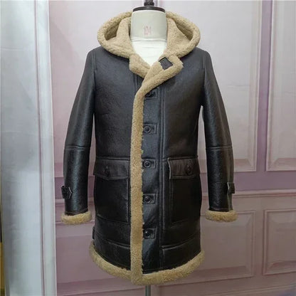 YOLANFAIRY Original Natural Leather Fur Coat Men Long Hooded Sheepskin Real Fur Coat Genuine Leather Jacket Men's Winter Jacket