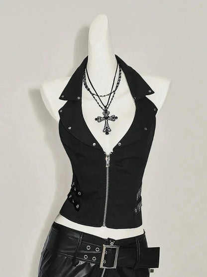 Street Y2K Fashionable Gothic Diamond Nail Print Contrasting Slim Spicy Girl Vest Harajuku Aesthetics Versatile Classic Tank Top